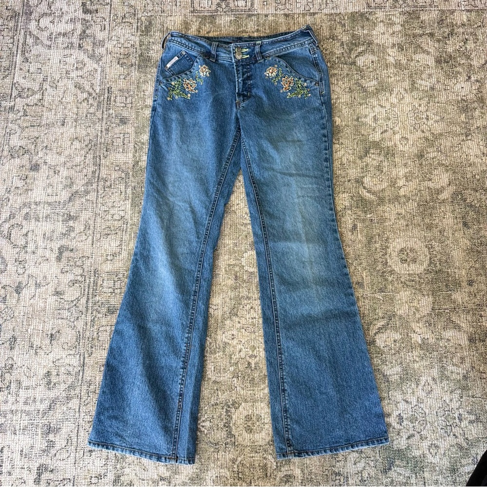 Vintage Y2K 90's Denim Embroidered Blue Bootcut Jeans Low Rise Floral - Picture 7 of 7